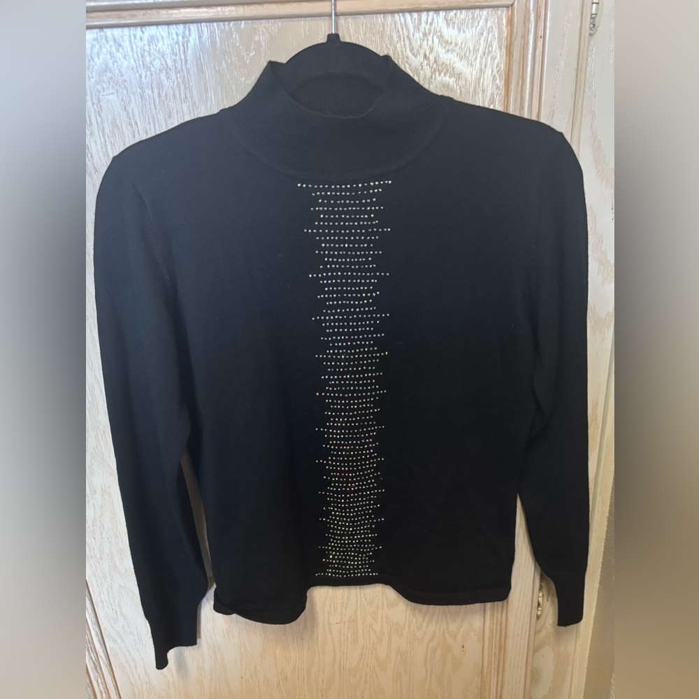Brodiaea Women Black‎ Pullover Sweater Mock Neck 100% Wool Bedazzled Long Sleeve